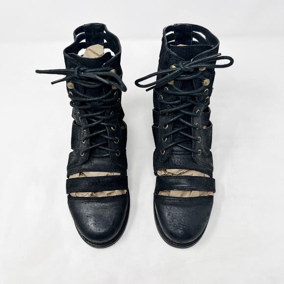 [Jeffrey Campbell] Black Slashed Nubuck Leather Lace Up Combat Boots Size 6.5 - Picture 3 of 11